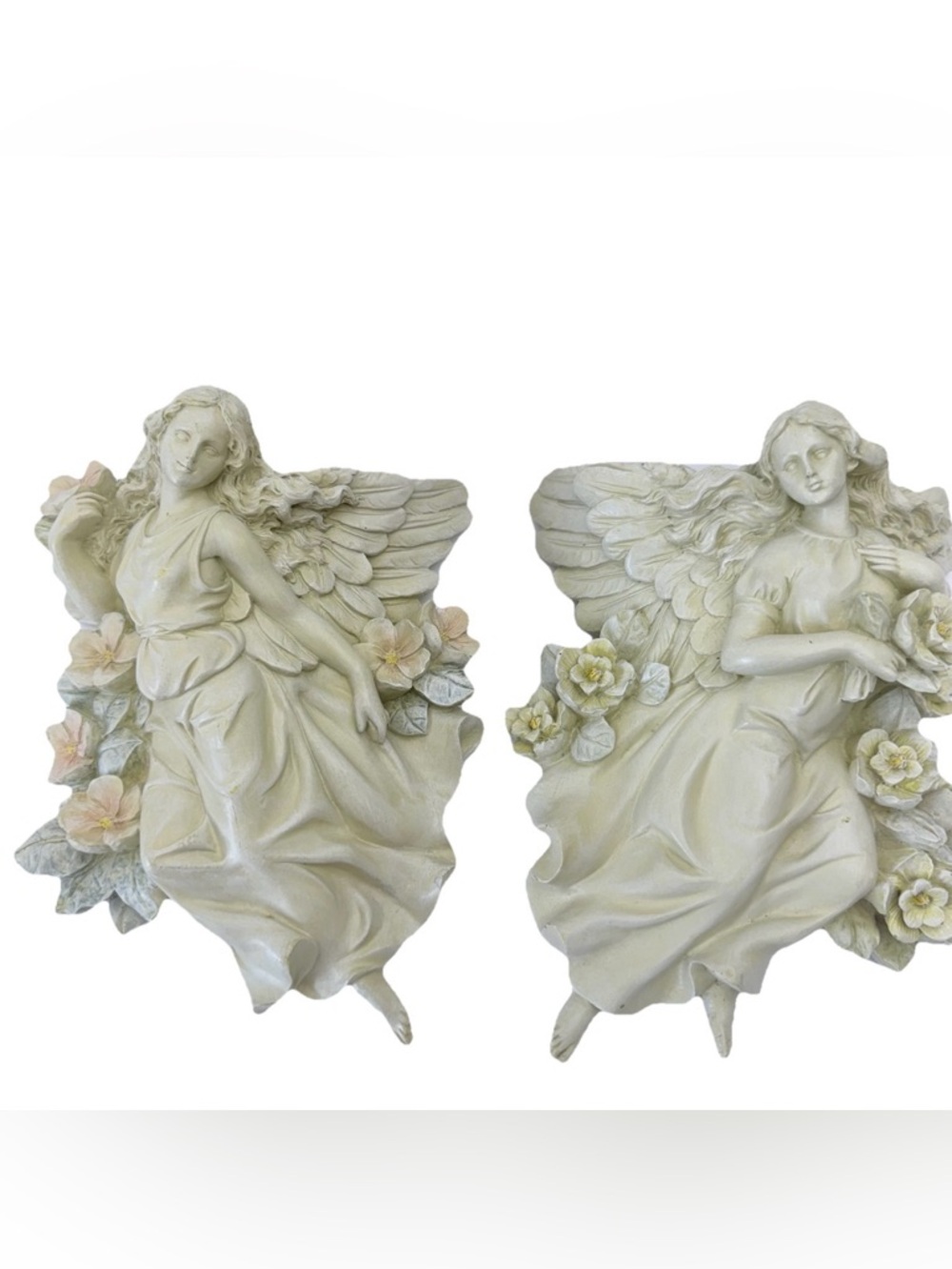 Angel Wall Pocket Planter Pair Floral Resin Shabby Chic Cottage Hanging Decor